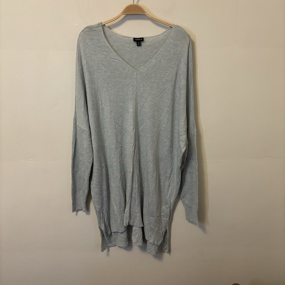 Torrid V-Neck‎ Sweater 3X Blue Gray Lightweight Tunic Split Hem